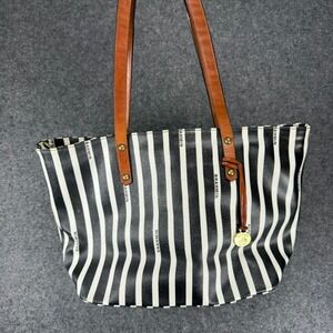Brahmin All Day Tote Bag Black White Striped Purse Handbag Leather Strap Shopper